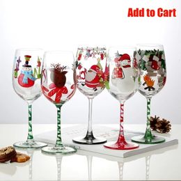 16oz Kerstthema Glazen Goblet Cups Handgeschilderde Kerstman Sneeuwpop Rendier Wijnglas Cup Home Christmas Party Drinkware 240104