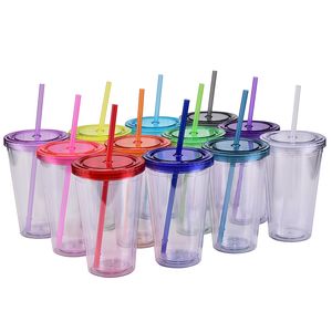 16oz Klassieke mokken Tumbler met deksels Gekleurde acryl Sippy Cups Dubbelwandig geïsoleerde plastic Tumblers Koffiekopje Waterfles Gratis rietjes Aanpasbare doe-het-zelf geschenken