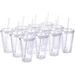 16 oz heldere acryl tuimelaar met deksel stro dubbele wandsap cup herbruikbare milieuvriendelijke kegel waterfles vrijgezellenfeest