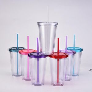 Gobelets en plastique transparent de 16 oz, bouteilles d'eau en acrylique avec paille, tasses à café de bureau à double paroi, bouteilles à boire transparentes par mer BBB14804