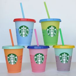 16oz Kleurverandering Tumblers Plastic Drinken Juice Cup met Lip en Stro Magic Koffiemok Costom Starbucks Color Changing Plastic Cup 123