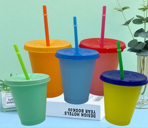 Tazas de taza que cambian de Color de 16oz, vasos mágicos de plástico con tapa y pajita, taza fría de caramelo reutilizable, cerveza de verano