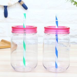16oz Creatieve Plastic Mason Jar met stro en deksel Zomer Drinkwaren Reismok voor koud water