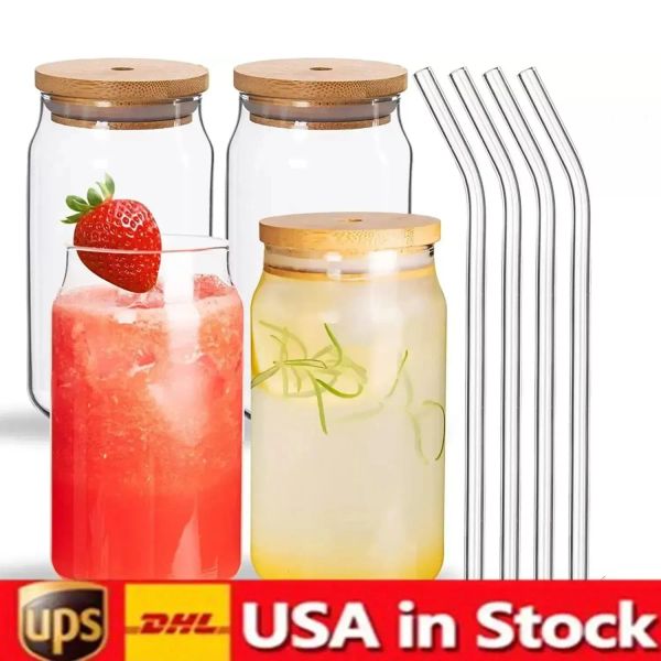 Vasos de lata de sublimación en blanco DIY de 16oz, vasos de cerveza en forma de vaso con tapa de bambú y pajita para café helado, refrescos, EE. UU., CA Stock JN24