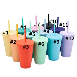 16oz Dubbellaags Plastic Stro Cups Kleurrijk voor Volwassenen Kinderen Straight Coffee Cup Printing Plastic Frosted Water Cup met Straw H32SZ9X