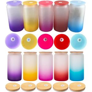 16oz Frosted Sublimatie Blanks Gradient Glasss Can Cup Ombre Jelly Iced Juice Glasses Bierblikje Tumbler Koffiemok met bamboe deksels / Kleurrijke plastic deksels Rietjes