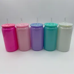 16oz Glitter Sublimatie Glazen Bekers Met Diamanten Deksels Shimmer Rainbow Mason Tumbler Sappot Ijsdrank Drinken Bier Frisdrankblikje Brilkop Koffiemokken Met Stro