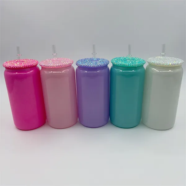 Tasses en verre de sublimation de paillettes de 16 oz avec couvercles en diamant Shimmer Rainbow Mason Tumbler Pot de jus Boisson glacée Boire de la bière Canette de soda Verres Tasse Tasses à café avec paille