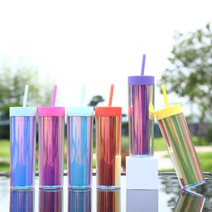 16oz holografische acryl magere tuimelaars regenboog gekleurde acryl tuimelaars met deksels en kleurrijke rietjes dubbele wand plastic tuimelaars met gratis stro herbruikbare beker