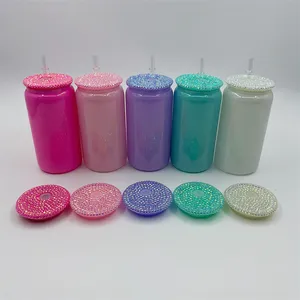 16oz Holografische Glitter Sublimatie Glazen Bekers Met Gekleurde Bling Deksels Shimmer Rainbow Tumbler Iced Juice Jar Drank Drinken Bier Kan Glazen Cup