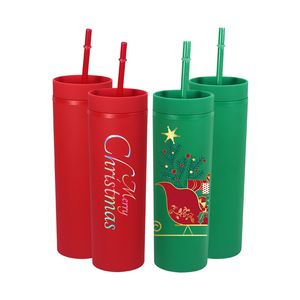 Vasos de acrílico mate de 16 oz Vasos de plástico Vaso flaco de acrílico de Navidad con pajita Taza de café de doble pared al por mayor A02