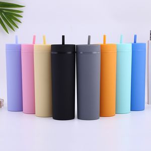 16oz Matte Cups Acrylic Skinny Tumblers with Lid Straw 500ml Plastic Coffee Drinking Mugs Double Wall Black Plastic Cup 17 Colors