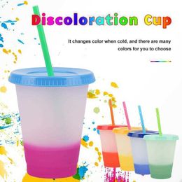 16Oz mix Changement de Couleur Tasses Froides Gobelet En Plastique Réutilisable Avec Couvercle Et Paille Tasse Froide Tasse De Paille Drinkware Gadgets De Cuisine FY4494 BS27