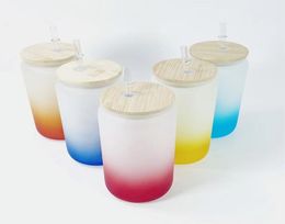 16oz NOUVEAU Sublimation Dégradé Verres Givrés Gobelet Avec Couvercles En Bois Pailles En Plastique Bouteilles D'eau Vierges Droites DIY Transf6504524