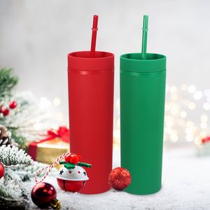 Gobelet en plastique à double paroi de 16 oz, gobelets de peinture en caoutchouc droits rouges et verts avec couvercles plats, bouteille d'eau de noël et d'halloween, mer B5