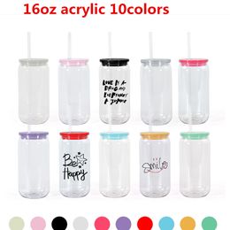 Gobelet en plastique de 16 oz avec couvercles colorés Acrylique Libbey Canette en plastique avec paille pour vinyle UV DTF autocollant Summer Drinkware Mason Jar gobelets expédition rapide