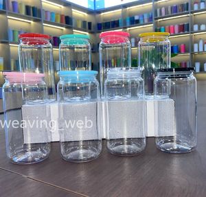 Gobelet en plastique de 16 oz avec couvercles colorés Acrylique Libbey Canette en plastique avec paille pour vinyle UV DTF autocollant Summer Drinkware Mason Jar gobelets à boire