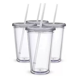 Gobelets en plastique de 16 oz à double paroi en acrylique clair pour boire une tasse de jus avec couvercle et tasse de café en paille bricolage tasses transparentes RRA584