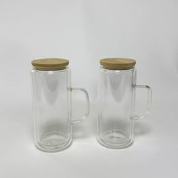 Bicchieri da 16 once pre-trapano con globo di neve in vetro con manico in bambù coperchio cannuccia bicchieri a doppia parete senza sublimazione bicchiere trasparente vuoto glitterato tazza da caffè