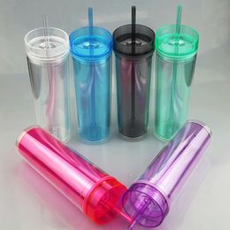 Gobelet fin en acrylique de 16oz, gobelet transparent à Double paroi avec couvercle et pailles, bouteille d'eau résistante à la chaleur