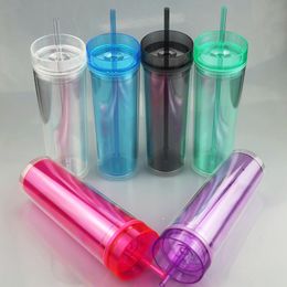 16oz Acryl Skinny Tumbler Dubbele wand Clear Drinking Cup met deksel en rietjes Verhit Proof waterfles