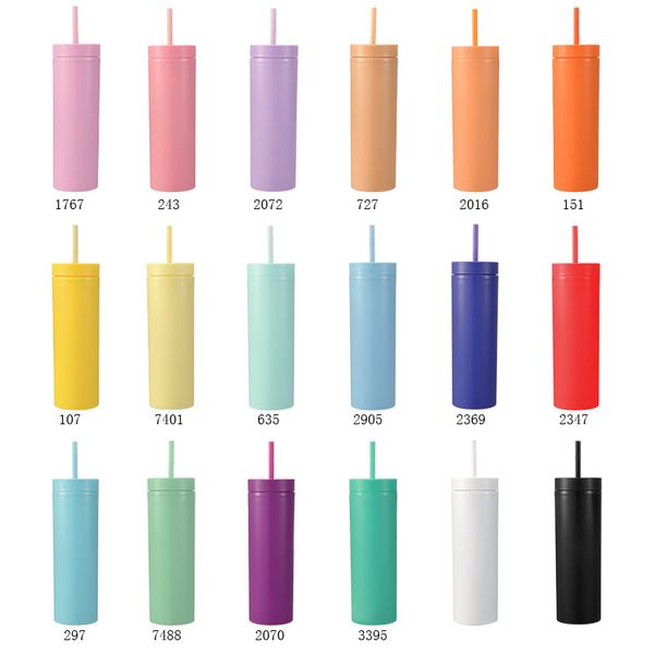 16 oz Skinny Tumbler Mat Acrylique Coloré Tasse avec couvercle de même couleur et paille Double paroi en plastique Tumblers Cleaner Tasse réutilisable en vrac en gros CCJ2004