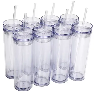 Gobelets droits en acrylique de 16 oz avec couvercle et pailles Gobelet à boule à neige à double paroi Gobelets en plastique transparent 001