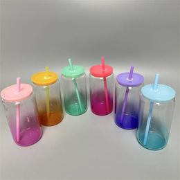 16oz Sublimatie Blanks Gradient Glasss Cups Transparant Helder Ombre Jelly Iced Juice Bierglazen Kan Tumbler Koffiemok Met Gekleurde Deksels Rietjes Voor UV DTF Wraps