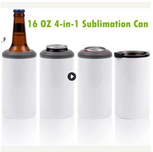 16OZ Sublimation Can Cooler Tumblers Blanks Adaptateur isolant de canette 4 en 1 avec couvercle anti-fuite Paille en plastique, acier inoxydable BBA13468