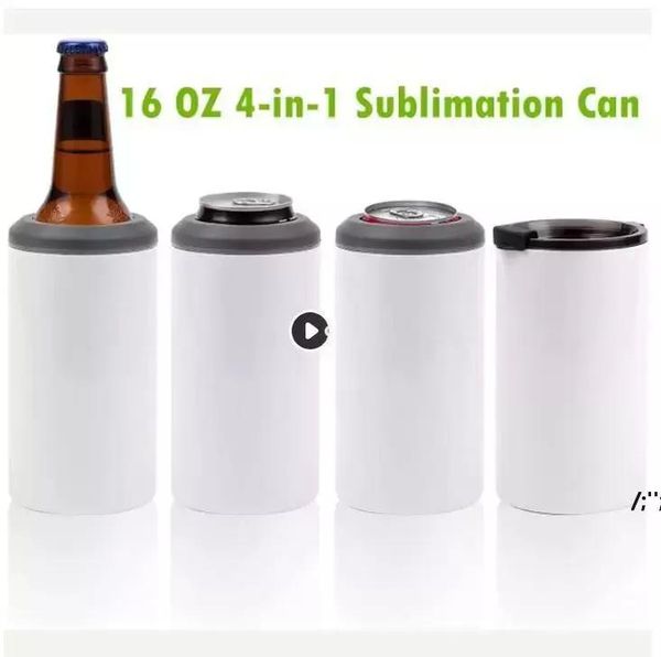 16oz sublimation peut les gobelets plus frais blanches 4 dans 1 Adaptateur d'isolant avec un couvercle de couvercle en plastique en plastique en acier inoxydable Kan Koeler