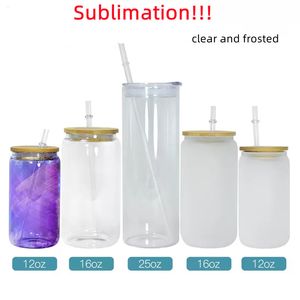 16oz Sublimation Glass Beer Mugs Can Shaped Glass Cups Beer Can Glass Tumbler Drinking Glasses Beer Glasses With Bamboo Lid And Reusable Straw