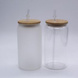 16oz sublimatie Clear Glass Tumbler 12oz Frosted Cola Can Bamboo Deksel Bier Cocktail Cup Whisky koffiemok Iced Tea Jar SN3344