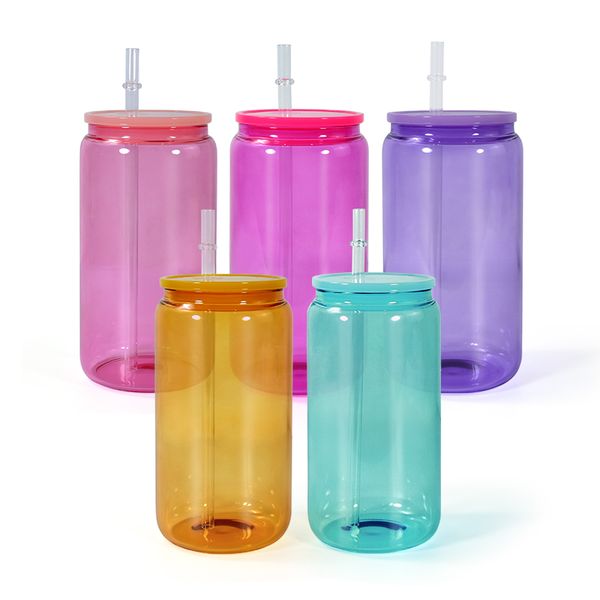 Canettes en verre colorées par sublimation de 16 oz avec couvercle coloré Gelée colorée Tasses en verre de sublimation vierges Canette de bière Pot en verre Verres à boire DIY