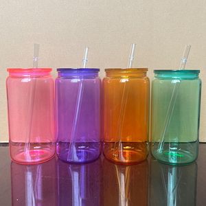 Canette en verre de gelée colorée par sublimation de 16 oz avec couvercle en plastique coloré Tasses en verre de sublimation Canette de bière Pot en verre Verres à boire avec paille réutilisable
