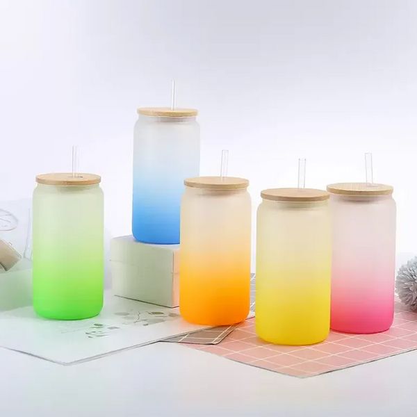16 Unzen Sublimation Glas Bierkrüge Farbverlauf Dosenförmige Gläser Tassen Tumbler Trinkgläser mit Bambusdeckel und Strohhalm F0518214