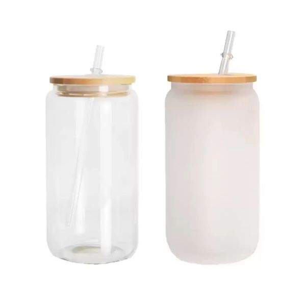 Tasses à bière en verre de sublimation de 16 oz, bouteille d'eau, verres à boire avec couvercle en bambou, paille réutilisable, café glacé, tasses en verre givré de 500 ml