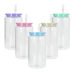 Tasses à bière en verre de sublimation de 16 oz avec couvercle coloré en forme de canettes en verre clair dépoli canette de bière bocal en verre verres à boire avec paille réutilisable A0141