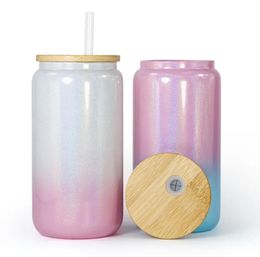 16oz sublimatie glazen blanks met bamboe deksel en rietje iriserend glas kan tuimelaar bulk sprankelend regenboogglas voor ijskoffie sap bieren drankjes