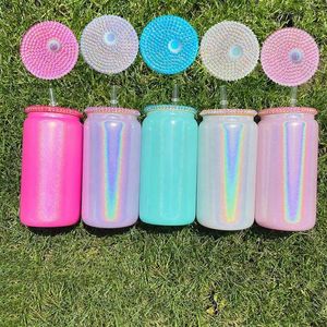 Tazas de vidrio de sublimación de 16 oz Taza Vaso de vidrio con tapa brillante Brillo holográfico Brillo en blanco para impresión de bricolaje Vasos de vidrio 229K