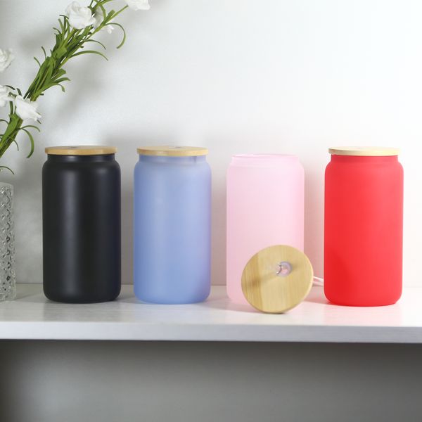 El vaso de vidrio de sublimación de 12 oz / 16 oz puede cambiar de color la taza Lentejuelas creativas Puede dar forma a la botella Vajilla de verano Café con tapa de madera y pajita de plástico Z11