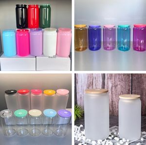 Gobelet en verre de sublimation de 16 oz clair givré avec couvercles colorés couvercles en bambou verres de pot maosn bière en paille réutilisable canette de soda tasse gobelets à boire