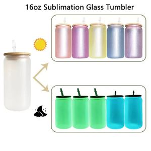 Verre à Sublimation de 16oz, changement de couleur UV, brille dans la nuit, gobelet avec couvercle en bambou, bouteille d'eau vierge, tasse magique pour cadeau