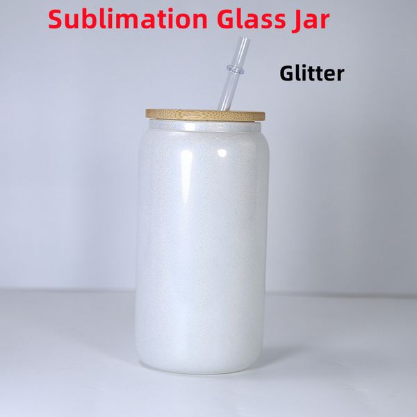 16 oz Sublimation Glitter Glass Jar Les chopes à bière peuvent en forme de tasses en verre Canette de bière Gobelet en verre Verres à boire avec couvercle en bambou et paille réutilisable