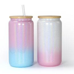 Pot en verre à paillettes de sublimation de 16 oz, tasses à bière dégradées, tasses en verre en forme de canette de bière, verres à boire avec couvercle en bambou et paille, bricolage