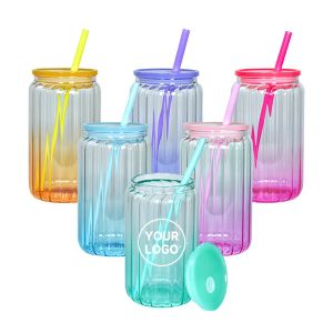 16oz sublimation gradient colores gobelet en verre avec couvercle en plastique coloré paille en verre vase en verre vase maçon pot libby can fleurs bouteille 0412