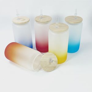 16Oz Sublimation Gradiënt Glas Tuimelaar Blanco Frosted Glassesfles Mason Jar Cola Can Tumblers met Bamboo Deksel 5 kleuren