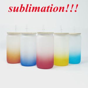 16 oz sublimation Gradient verres blanc bière peut gobelet en verre avec couvercle en bambou paille réutilisable bouteille d'eau en verre coloré Soda Can Cup