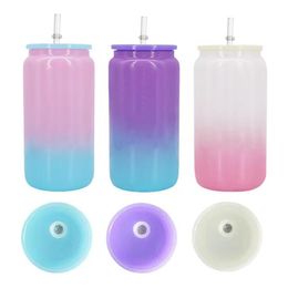 16oz sublimatie glinstering Glitter Glass Cup regenboog ombre tumbler holografisch sap potje drank drinken bier blikje koffiemokken met gekleurde plastic deksels rietjes