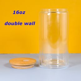 16oz sublimatie sneeuwbolbier kan dubbele wand helder glas met houten dekselsplastic rietjes 500 ml witte blanco water flessen diy warmteoverdracht wijn tuimelaars door lucht A12