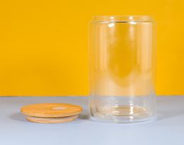 La bière de globe de neige de sublimation de 16 oz peut double paroi en verre clair avec couvercles en bois Pailles en plastique 500 ml bouteilles d'eau vierges blanches bricolage H1705505